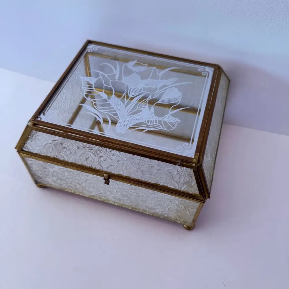Vintage Brass Glass Box Mirror Floral Textured Side Footed Chain Latch 7 x 6 x 4